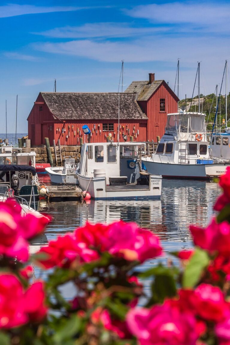 Fishing boats docked in front of the iconic red Motif #1 building in Rockport, with pink flowers in the foreground and calm harbor waters reflecting the boats.