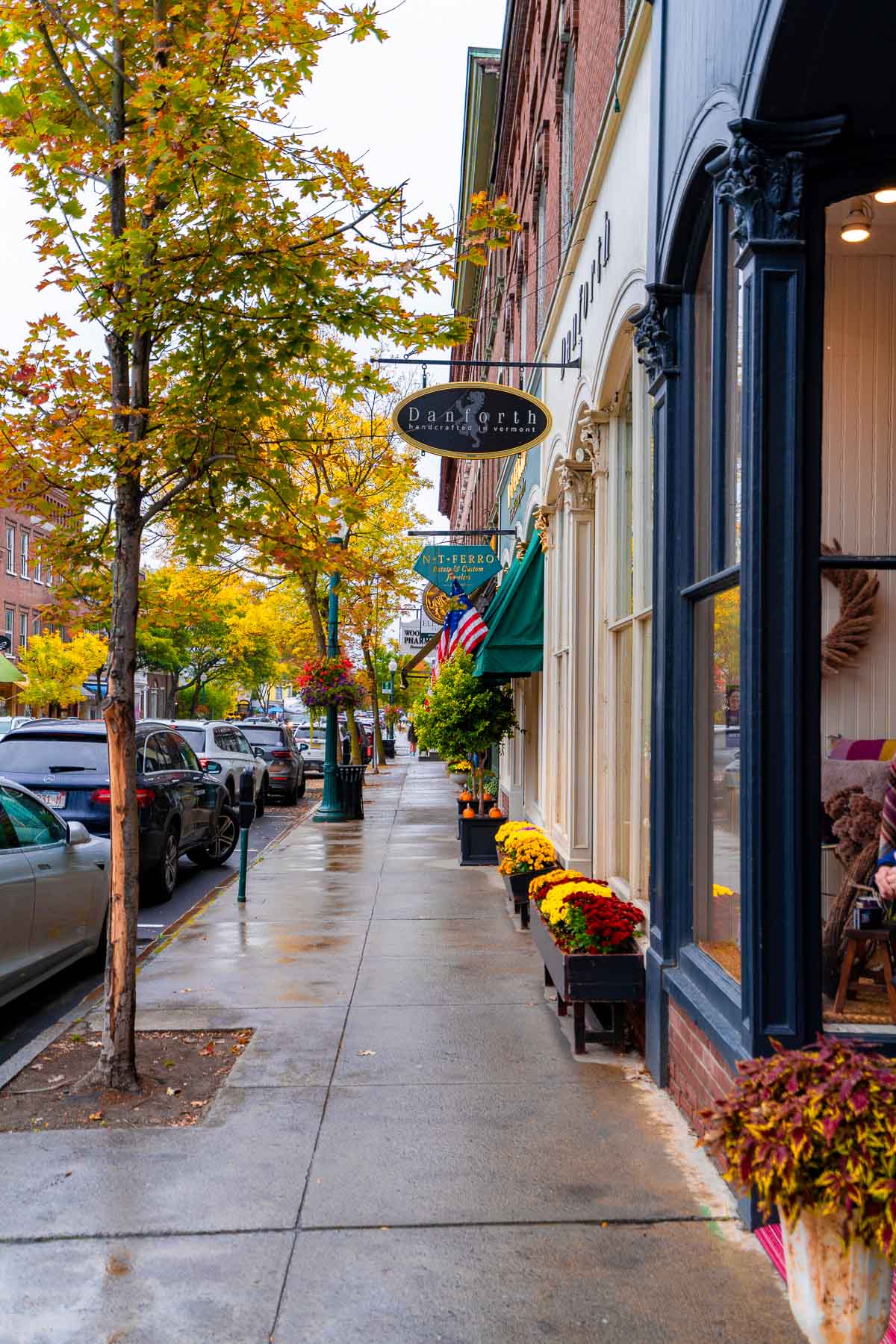 A closer look at Woodstock’s charming downtown with shop signs, fall flowers, and wet sidewalks reflecting the overcast sky.
